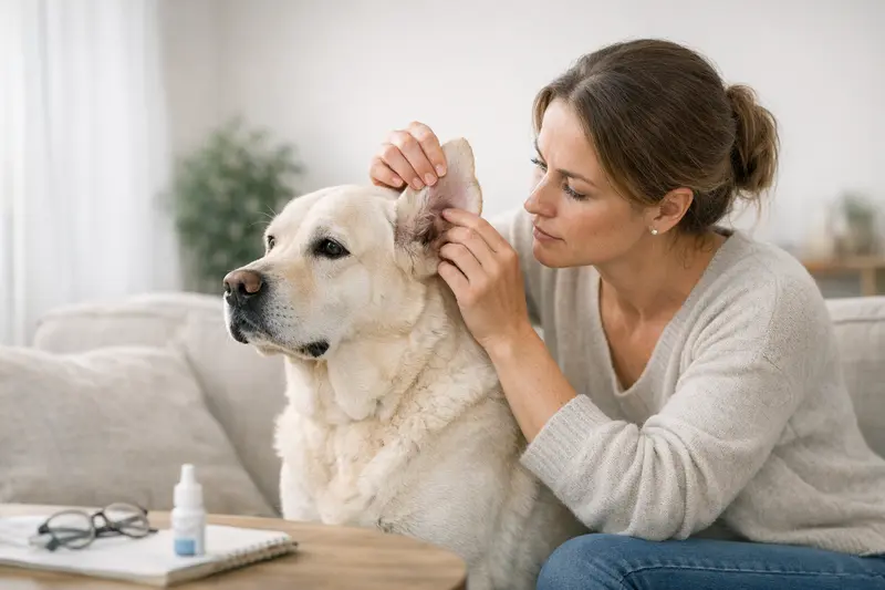 Hund mit Ohrproblemen und Versicherungsthemen Hundeohr mit einem Verband, das auf gesundheitliche Probleme hinweist.