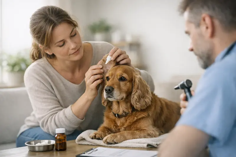 Ein Hund in der tierärztlichen Behandlung erhält Augen- und Ohrentropfen.