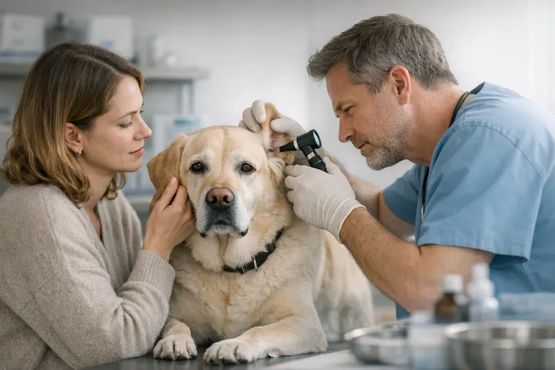 Tierarztuntersuchung bei Ohrentzündung Ein Hund mit Ohrentzündung wird von einem Tierarzt untersucht.