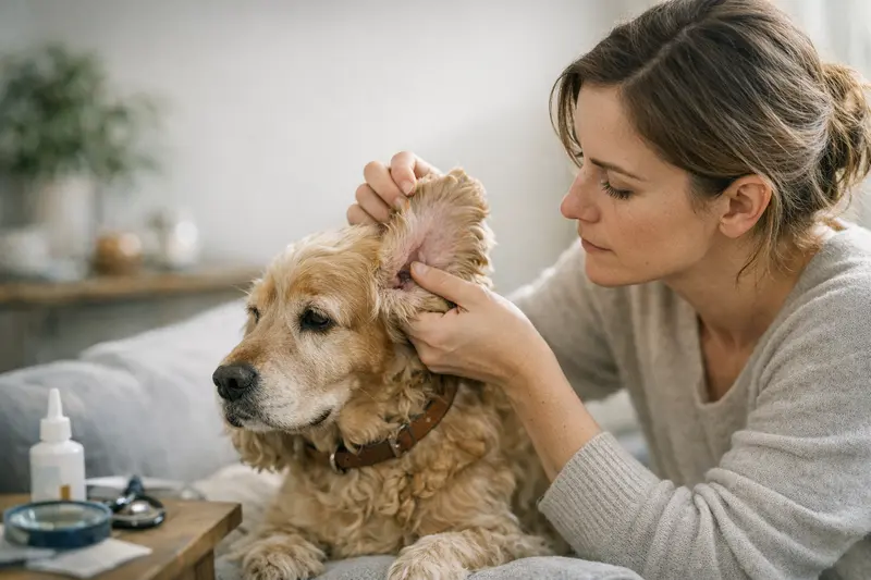 Hundeohrenentzündung Ursachen Ein Hund mit entzündeten Ohren, das Tier zeigt Anzeichen von Unbehagen.
