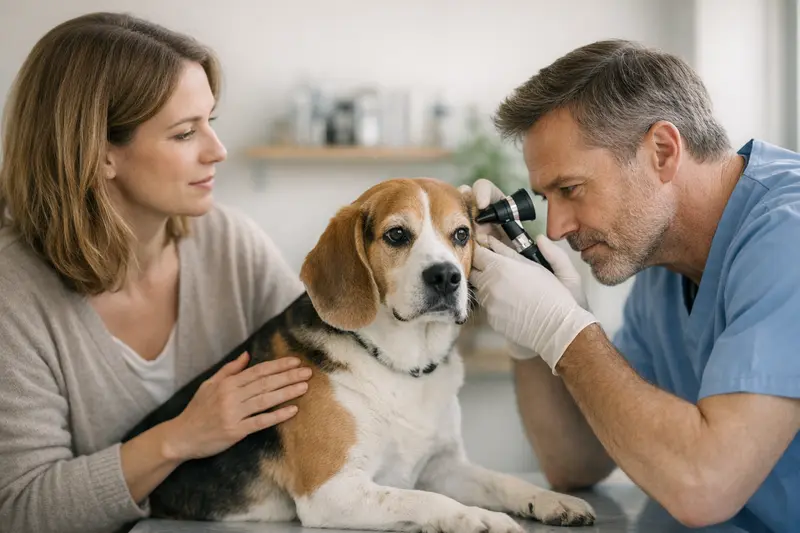 Ein Hund erhält eine Nachkontrolle nach einer Ohrentzündung beim Tierarzt.