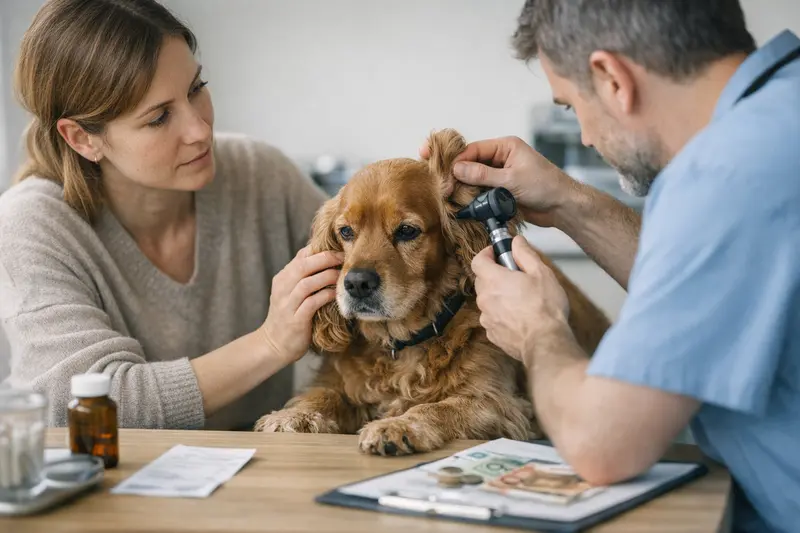 Ein Hund erhält eine Ohrenuntersuchung beim Tierarzt, um eine Ohrenentzündung abzuklären.