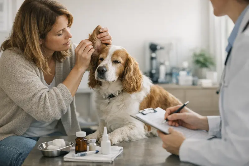 Tierarztuntersuchung bei einem Hund mit Ohrentzündung