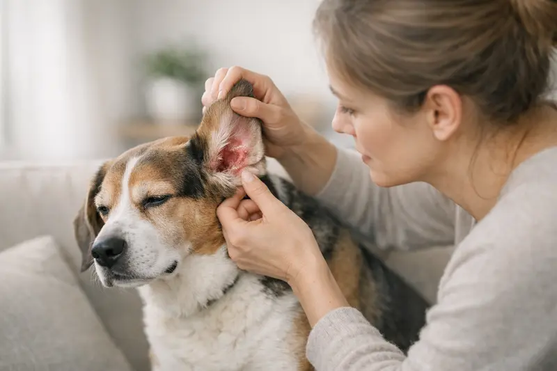 Anzeichen einer Ohrenentzündung bei Hunden Ein Hund mit angewinkeltem Kopf zeigt Anzeichen einer Ohrenentzündung.