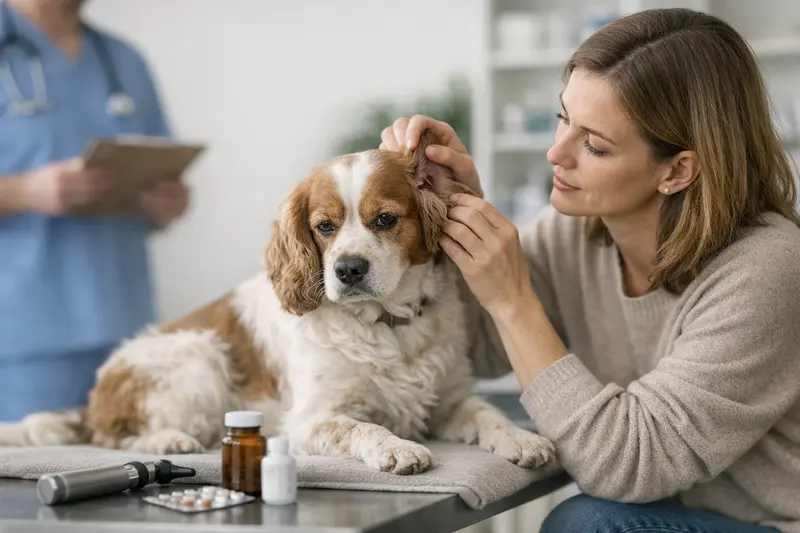Hund mit Ohrproblemen beim Tierarzt Ein Hund mit Ohrproblemen wird von einem Tierarzt behandelt, um mögliche Diagnosen zu klären.