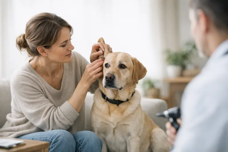 Tierarztbesuch Hund Ohrentzündung Ein Hund, der beim Tierarzt untersucht wird, zeigt Symptome einer Ohrentzündung.
