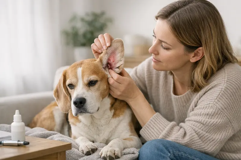 Ein Hund mit einer Ohrenentzündung, der zum Tierarzt gebracht wird.