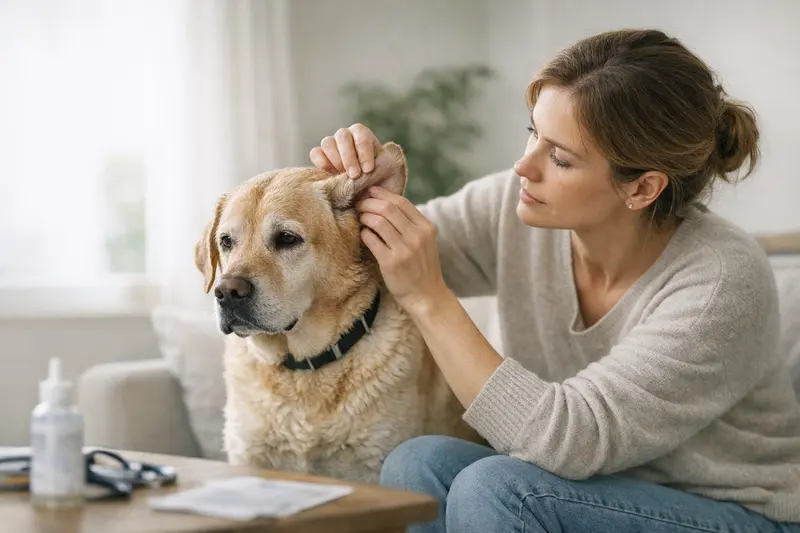 Hund mit Ohrproblemen in der Tierarztpraxis Ein Hund mit einem besorgten Blick, der wegen Ohrproblemen untersucht wird.