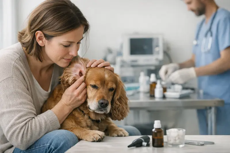 Tierarzt untersucht Ohrentzündung bei Hund