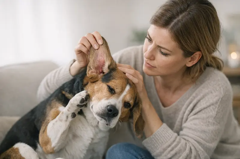 Hund mit Ohrenentzündung erkennen Ein Hund schüttelt den Kopf, was auf eine mögliche Ohrenentzündung hinweist.