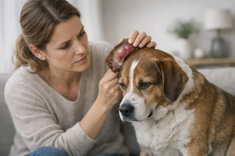 Tierärztliche Untersuchung eines Hundes mit Ohrmuschel-Hämatom Ein Hund mit einem Ohrmuschel-Hämatom, das tierärztlich untersucht wird.