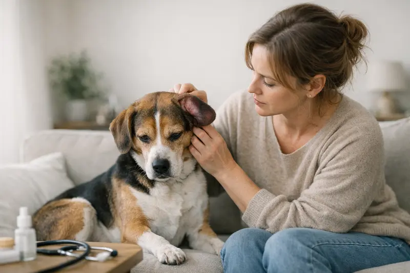 Hund mit Ohrmuschel-Hämatom beim Tierarzt Ein Hund mit einem Ohrmuschel-Hämatom beim Tierarzt, umgeben von medizinischen Utensilien.