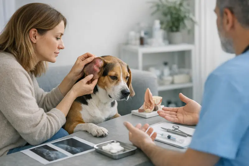 Tierarzt untersucht ein Ohrhämatom bei einem Hund und erläutert die Behandlungsmöglichkeiten.