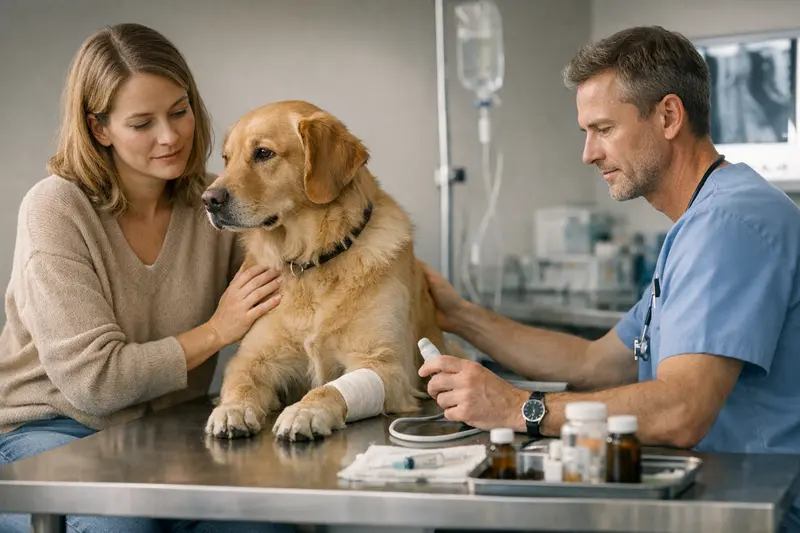 Hund beim Tierarzt zur Untersuchung seiner Gesundheit und Behandlungskosten