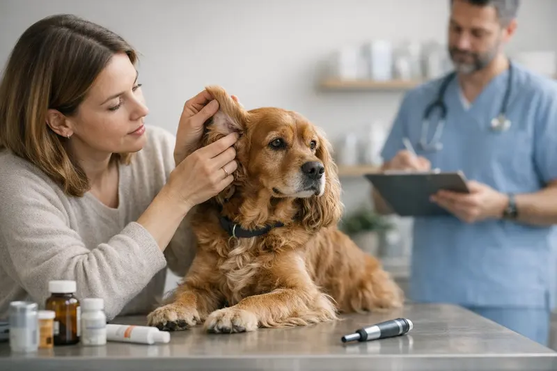 Tierarztbesuch Hund Ohrprobleme Hund mit Ohrproblemen beim Tierarzt zur Untersuchung