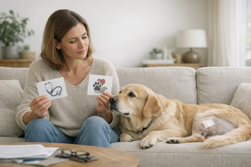 Hund und Tierarzt bei Untersuchung Hund auf dem Tisch beim Tierarzt zur Untersuchung für eine mögliche Operation.
