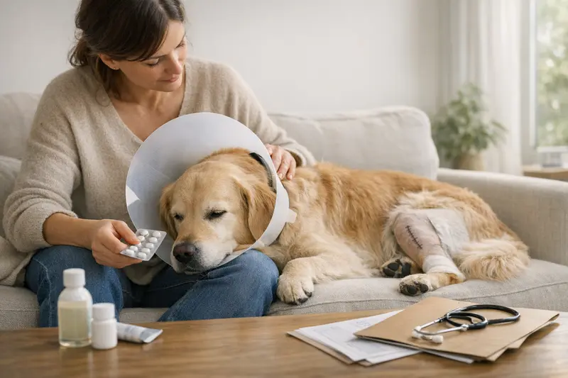 Ein Hundebesitzer bespricht mit einem Tierarzt die Nachsorge nach einer Operation.