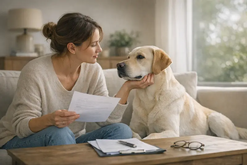 Gesunder Hund mit Tierarzt, der über Versicherungsoptionen spricht.