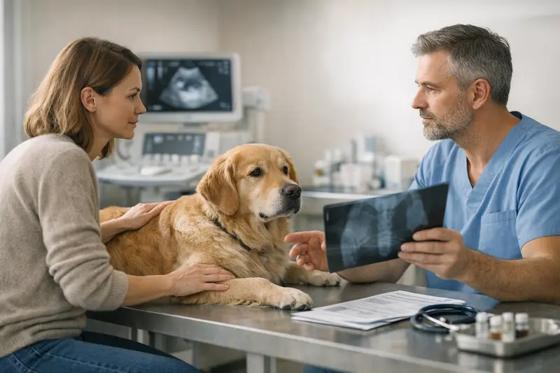 Untersuchung vor der Operation beim Tierarzt Hund bei einer Untersuchung vor einer operativen Behandlung beim Tierarzt.