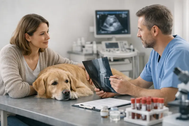 Tierärztliche Untersuchung für OP-Versicherung Eine Tierärztin untersucht einen Hund mit Röntgenbildern für die OP-Versicherung.