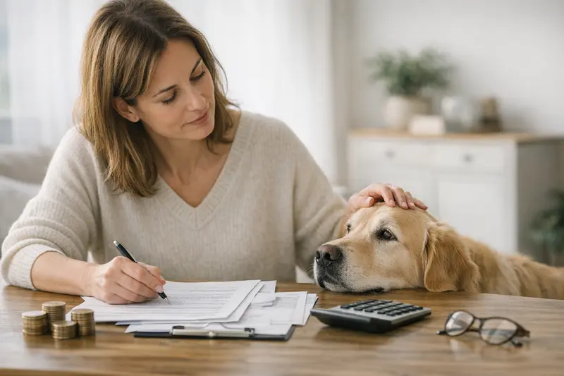 Selbstbeteiligung und Limits in der Tierkrankenversicherung Ein Hund und eine Katze bei einem Tierarztbesuch, wobei Kosten und Versicherungsfragen diskutiert werden.