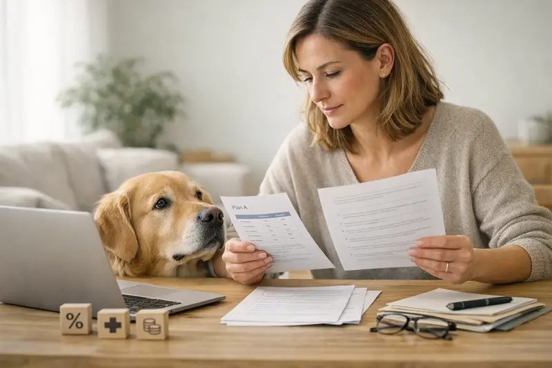 Vergleich von Tierkrankenversicherungen Eine Person vergleicht verschiedene Tierkrankenversicherungen für ihren Hund.
