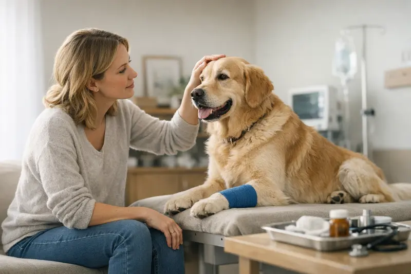 Hund beim Tierarzt zur Untersuchung nach einer Operation