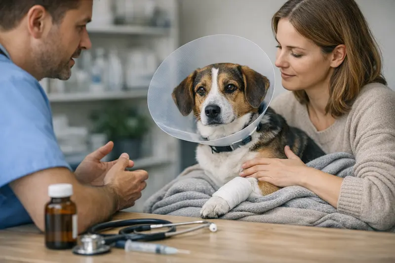 Ein Hund wird vor einer Operation von einem Tierarzt untersucht, um die notwendigen Voruntersuchungen zu überprüfen.