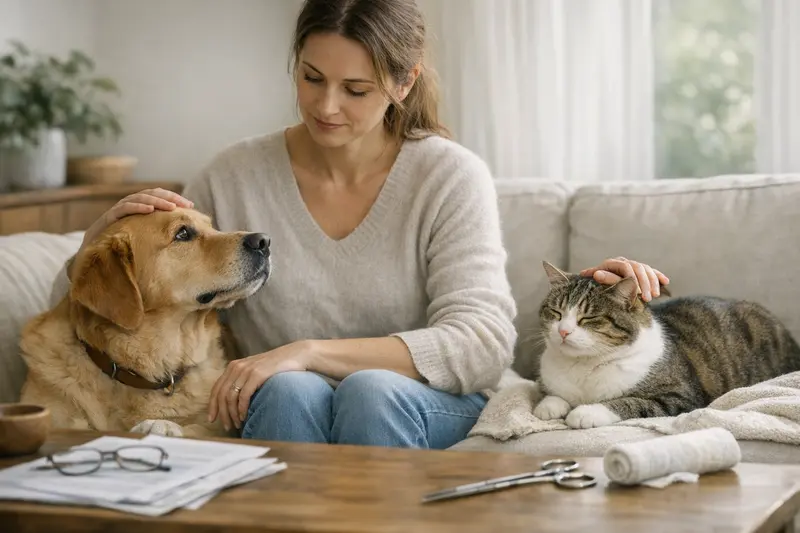 Tierkrankenversicherung oder OP-Versicherung? Ein Hund und eine Katze im Gespräch mit ihrem Tierarzt über Versicherungsmöglichkeiten.