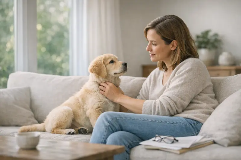 Tiergesundheit Versicherung Vorteile Ein glücklicher Hund und eine Katze entspannen im gemeinsamen Zuhause, während ein Tierhalter über eine Versicherung nachdenkt.