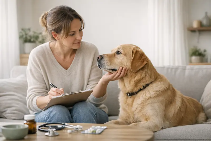 Tierarzt bei der Untersuchung eines Hundes, um die Bedeutung von Vorsorge in der Tierkrankenversicherung zu verdeutlichen.