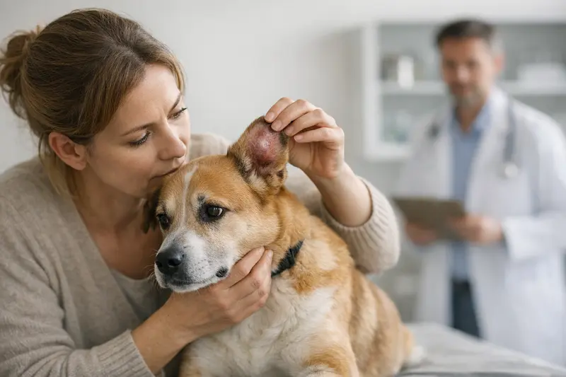 Hund mit Othämatom beim Tierarzt Ein Hund mit Othämatom untersucht von einem Tierarzt in einer Praxis.