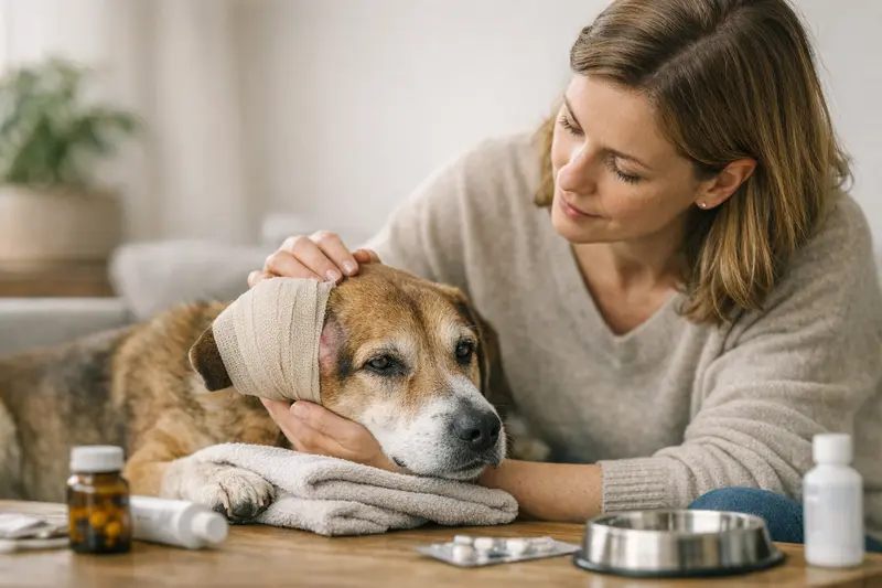 Othämatom Behandlung Hund Ein Hund mit einem Othämatom wird von einem Tierarzt untersucht.