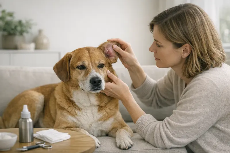 Othämatom beim Hund Ein Hund mit einem Othämatom am Ohr, der von einem Tierarzt untersucht wird.