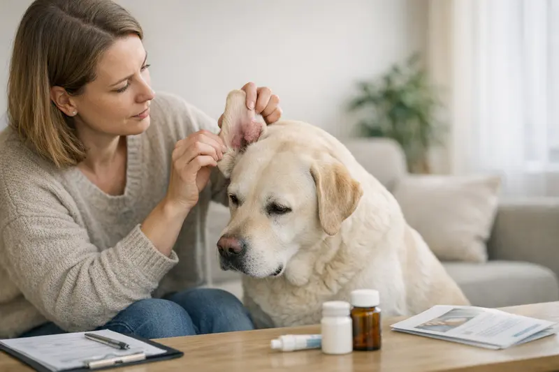 Tierärztliche Untersuchung bei Ohrproblemen Ein Hund erhält eine tierärztliche Untersuchung bei Ohrproblemen, die für den Tarifvergleich wichtig ist.