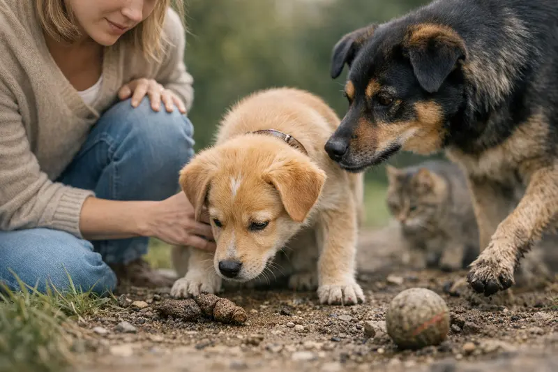 Ein Hund schnüffelt an kontaminierter Erde, was ein Risiko für Parasiten sein kann.