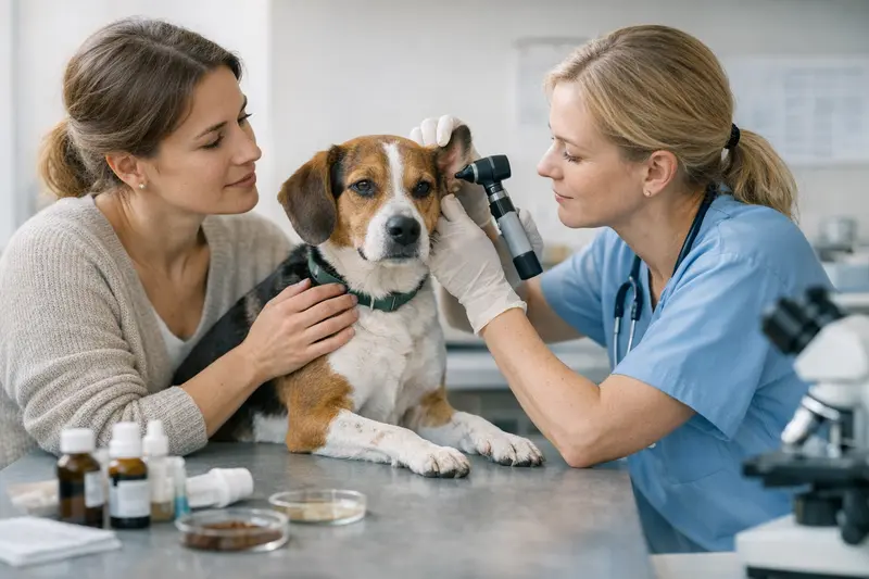 Kosten für Parasitenuntersuchungen beim Tierarzt Tierarzt untersucht Hund auf Parasitenbefall mit Diagnosetests.