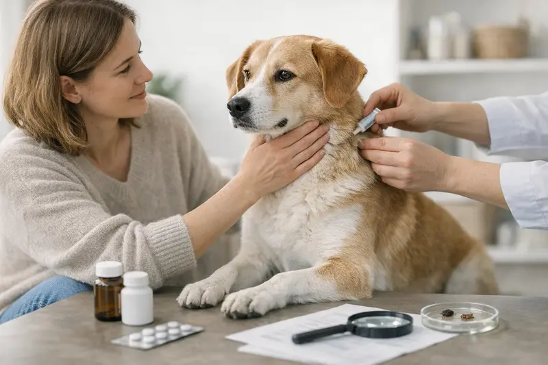 Parasitenbehandlung Hund Ein Hundebesitzer bringt seinen Hund zur Parasitenbehandlung beim Tierarzt.