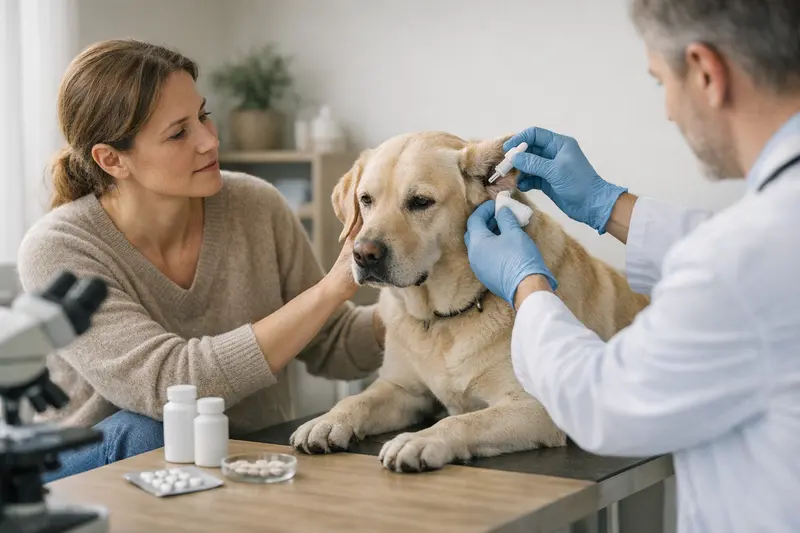 Parasitenbehandlung Hund Tierarzt Hund beim Tierarzt zur Parasitenbehandlung, was von einer Tierkrankenversicherung übernommen werden könnte.