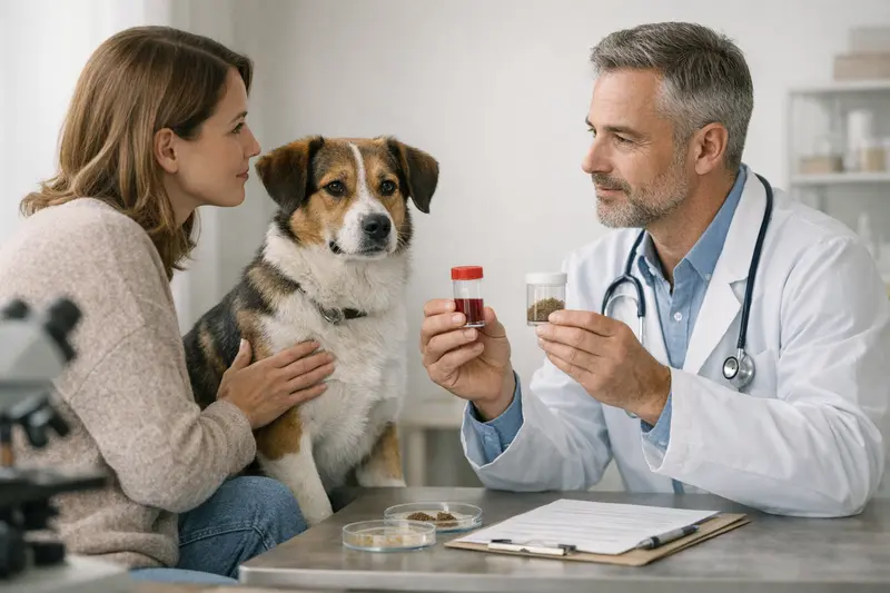 Tierarztberatung zu Kot- und Bluttests Tierarzt untersucht einen Hund mit Blut- und Kotproben zur Diagnose.