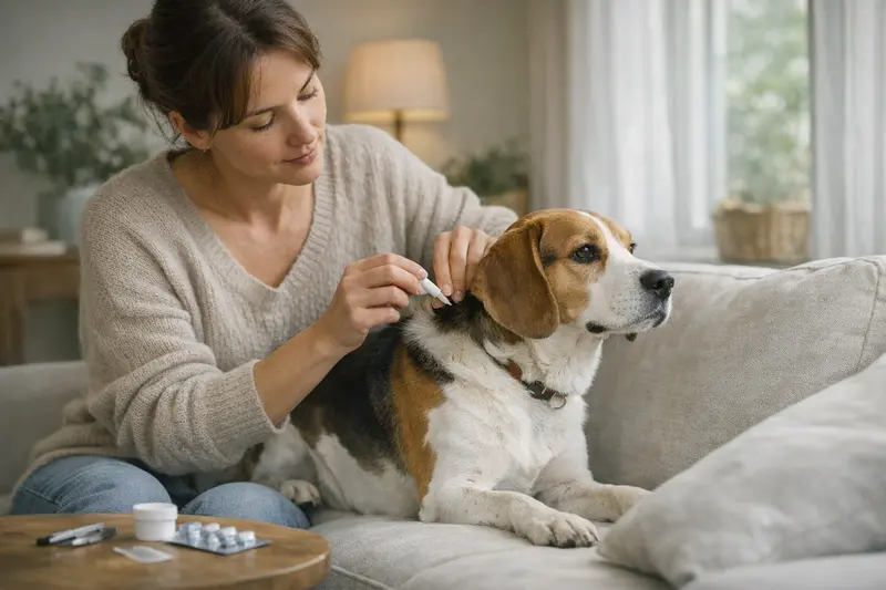 Prophylaxe gegen Parasiten für Hunde Hundewelpe bei einer tierärztlichen Untersuchung zur Parasitenprophylaxe