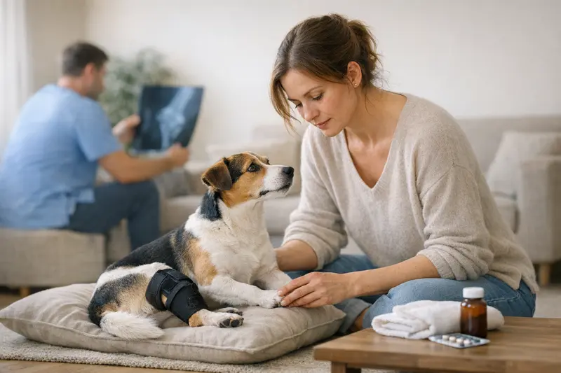 Hund mit Patellaluxation beim Tierarzt Ein Hund mit einem Verband am Bein, der auf einem Tierarztbesuch sitzt, symbolisiert die Behandlung einer Patellaluxation.