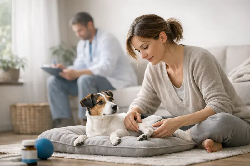 Hund mit Patellaluxation wird vom Tierarzt untersucht, um die beste Behandlungsmethode zu bestimmen.