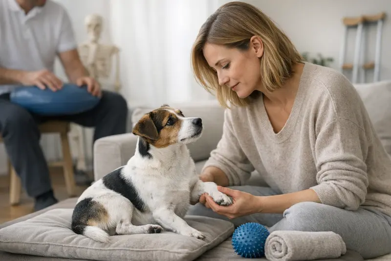 Patellaluxation beim Hund Ein Hund zeigt Anzeichen einer Patellaluxation, während er sich im Garten bewegt.