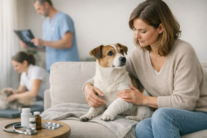 Tierarztbesuch zur Patellaluxation Ein Hund wird von einem Tierarzt untersucht, um die Notwendigkeit einer Patellaluxation-Operation zu klären.