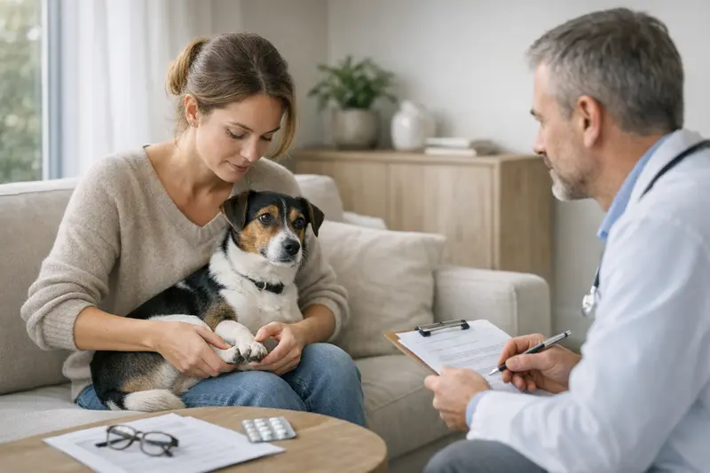 Ein Hund beim Tierarzt, der auf mögliche Vorerkrankungen untersucht wird.