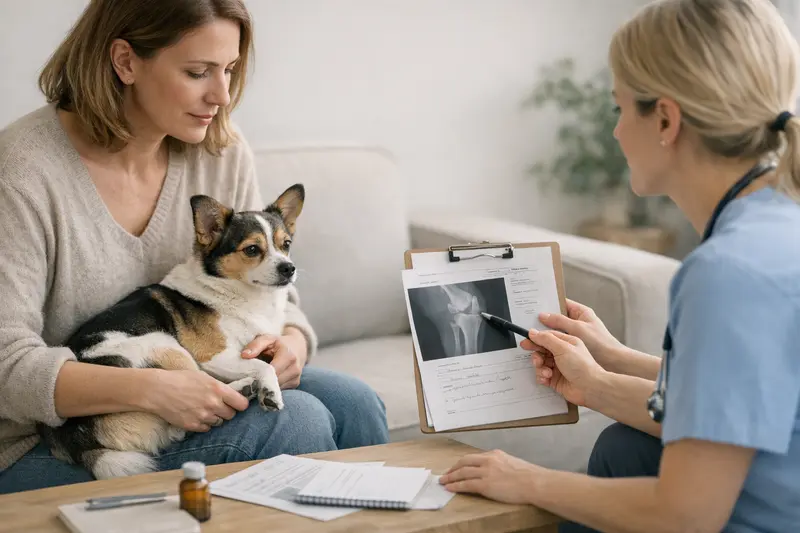 Ein Hundebesitzer bespricht den Gesundheitszustand seines Hundes mit einem Tierarzt.