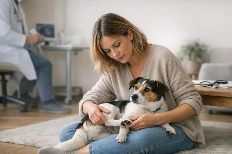 Überlegung zu Hundeverischerungen Ein Hundebesitzer diskutiert die Vorzüge von OP-Versicherung und Krankenversicherung mit einem Tierarzt.