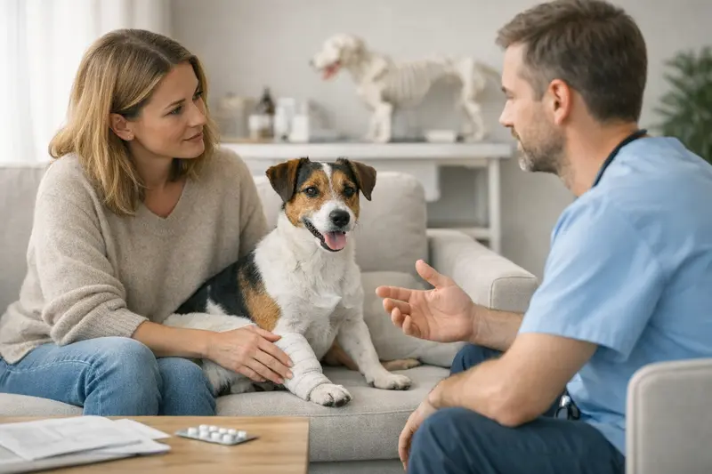 Hund beim Tierarzt – OP- vs. Krankenversicherung entscheiden Hund mit verbundener Pfote beim Tierarzt, symbolisiert die Wahl zwischen OP- und Krankenversicherung.