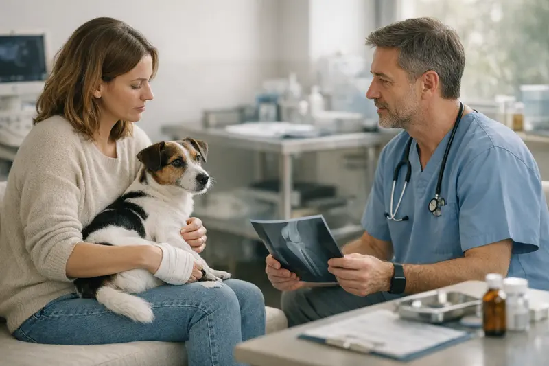 Kniebehandlung Hund beim Tierarzt Tierarzt untersucht das Knie eines Hundes auf Verletzungen im Rahmen einer Behandlung.
